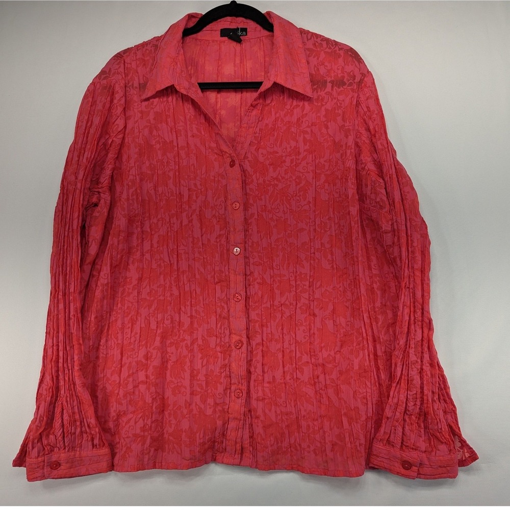 Erika Womens XL Button Down Shirt Pink Floral Textured Long Sleeve